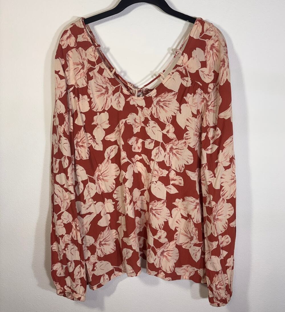 Billabong Floral Boho Blouse Large NWT Rust Cream Long Sleeve Top